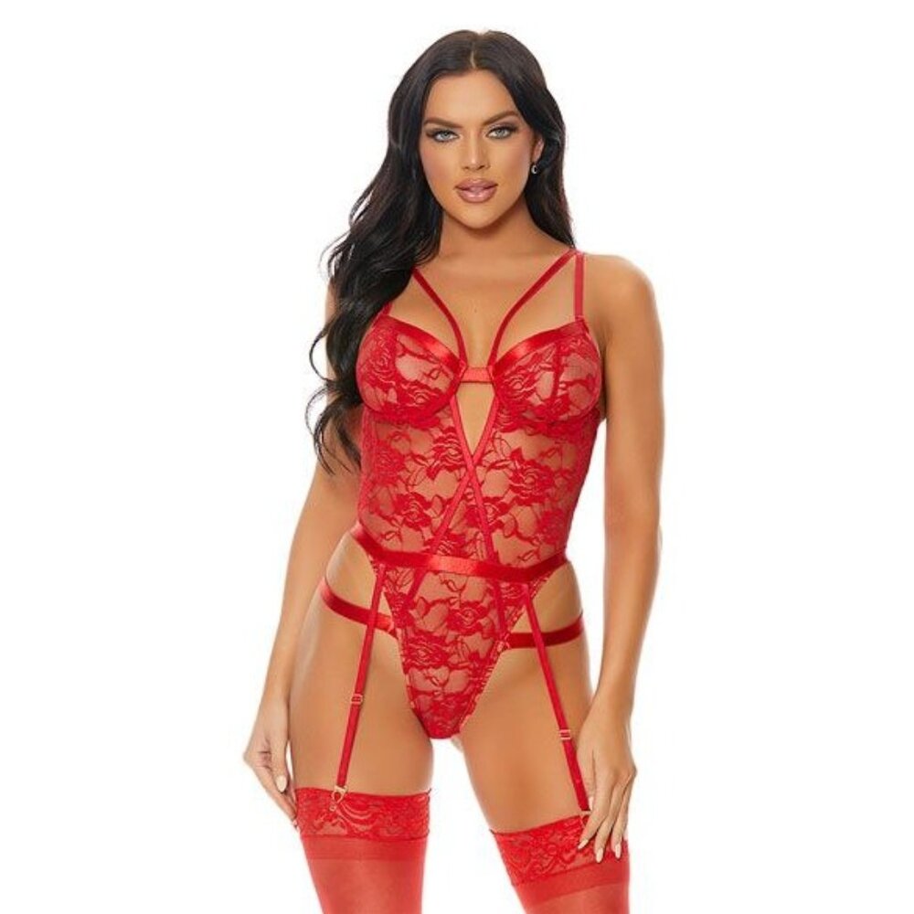 Forplay stunning red gartered teddy‎ floral affairs